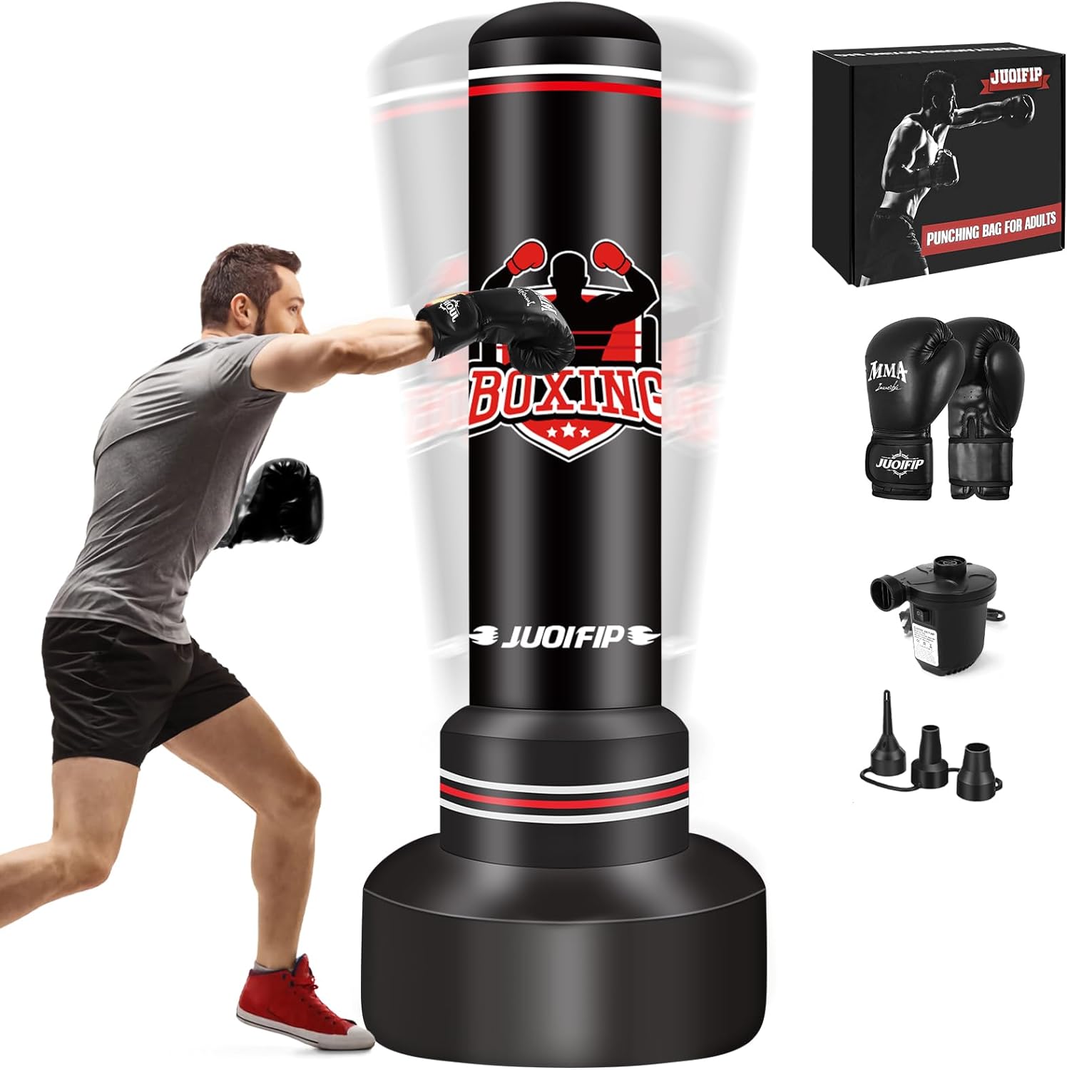 JUOIFIP heavy punching bag stand in a home gym setting