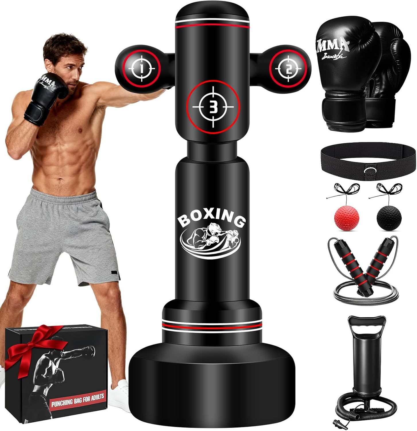 Heavy punching bag JUOIFIP PVC Bullseye Stand 70in set up in a home garage with a wooden workbench in the background