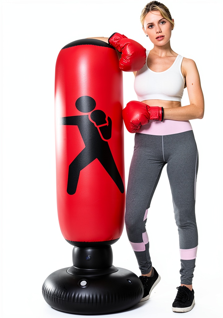 Inflatable boxing bag set up in a home gym